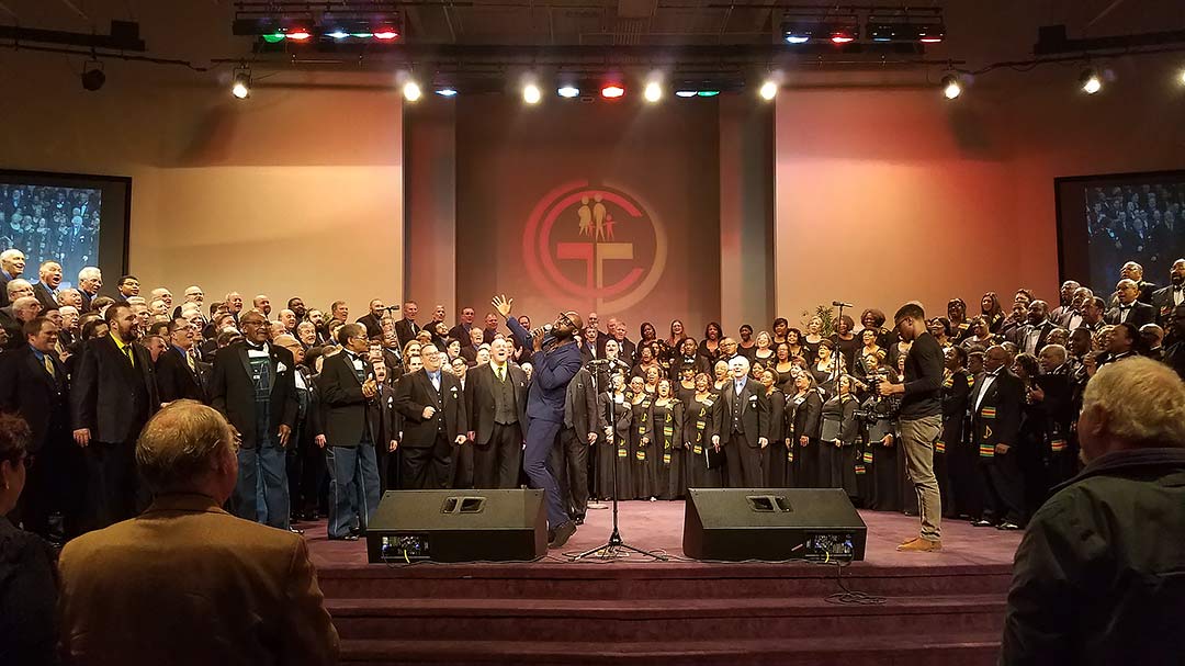 MARCH 3, 2017, FERGUSON, MO. The Ambassadors of Harmony and IN UNISON ensembles share the stage for an impactful version of Sam Cooke’s “A Change is Gonna Come,” led by Brian Owens, Crossroads and The Fairfield Four.